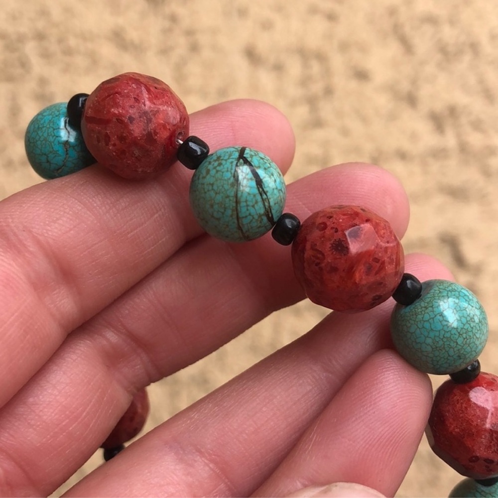 Sterling Silver Red Coral And Stabilized Turquoise Bead Toggle Bracelet